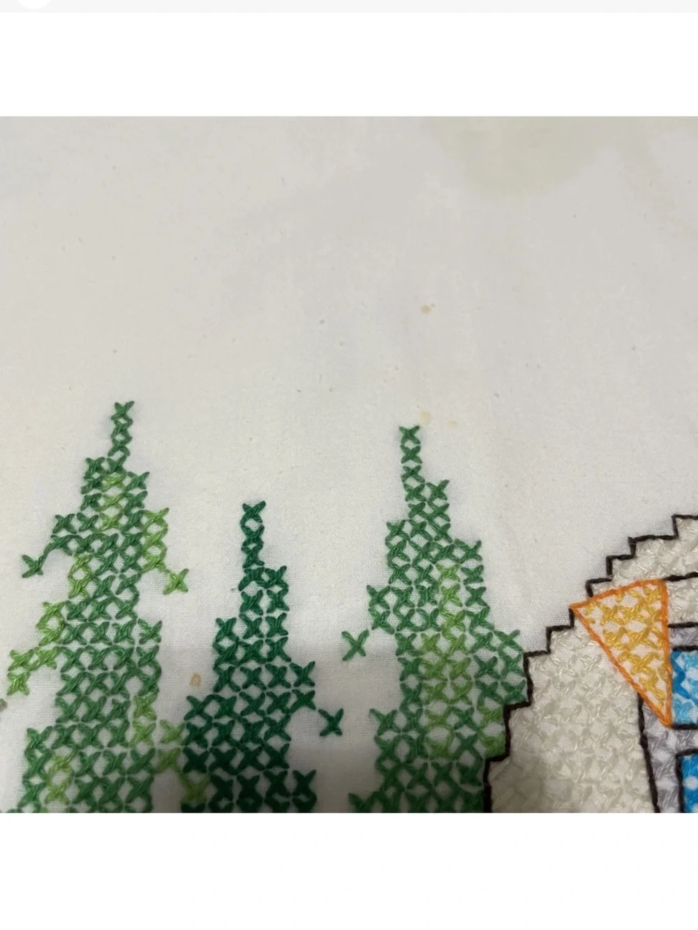 Pair Of Pillowcases Handmade Cross Stitch Embroidery Campers & Trees Standard Sz